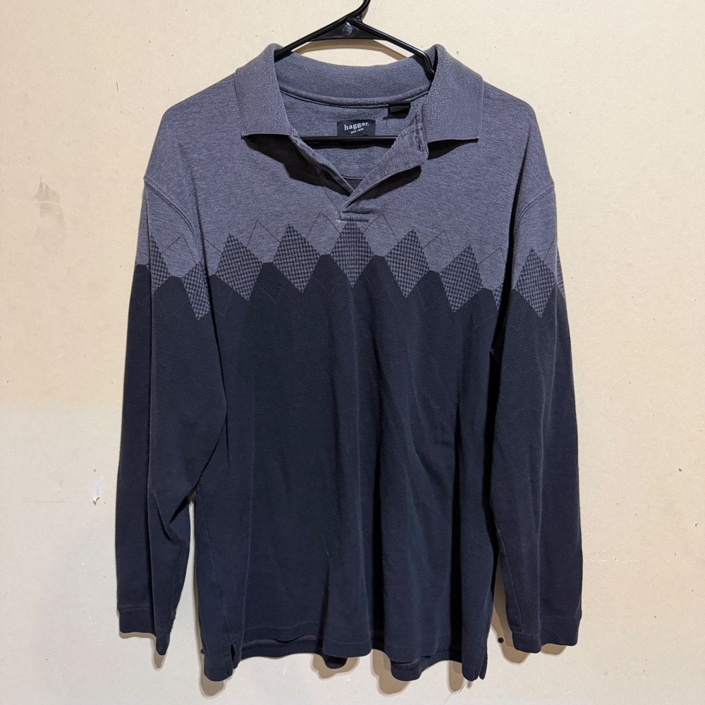 Haggar Mens Long Sleeve Polo Shirt Black Grey Argyle Pattern Size Large